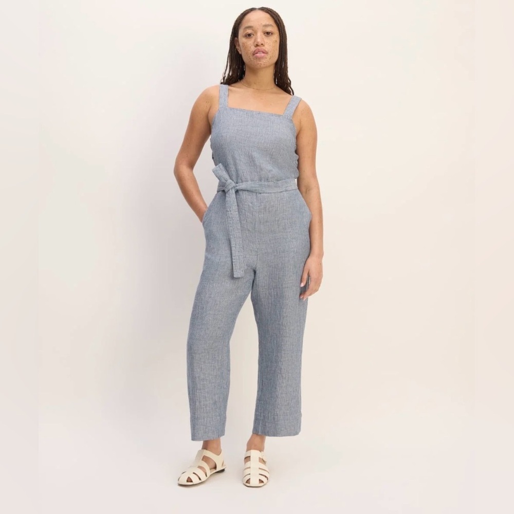 EVERLANE | LINEN STRIPED BELTED SQUARE NECKLINE JUMPSUIT SIZE 0 GRAY WHITE